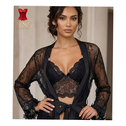 Black Lace 3-Piece Robe & Lingerie Set