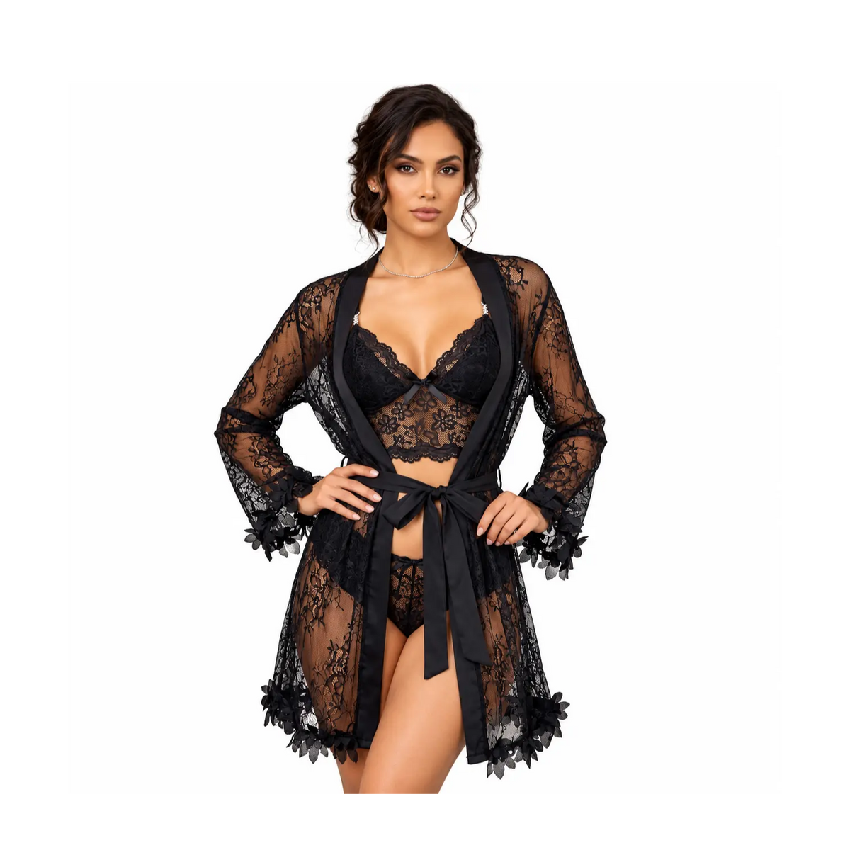 Black Lace 3-Piece Robe & Lingerie Set