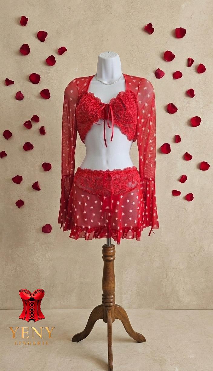 Red Heart-Print Lace Lingerie Set