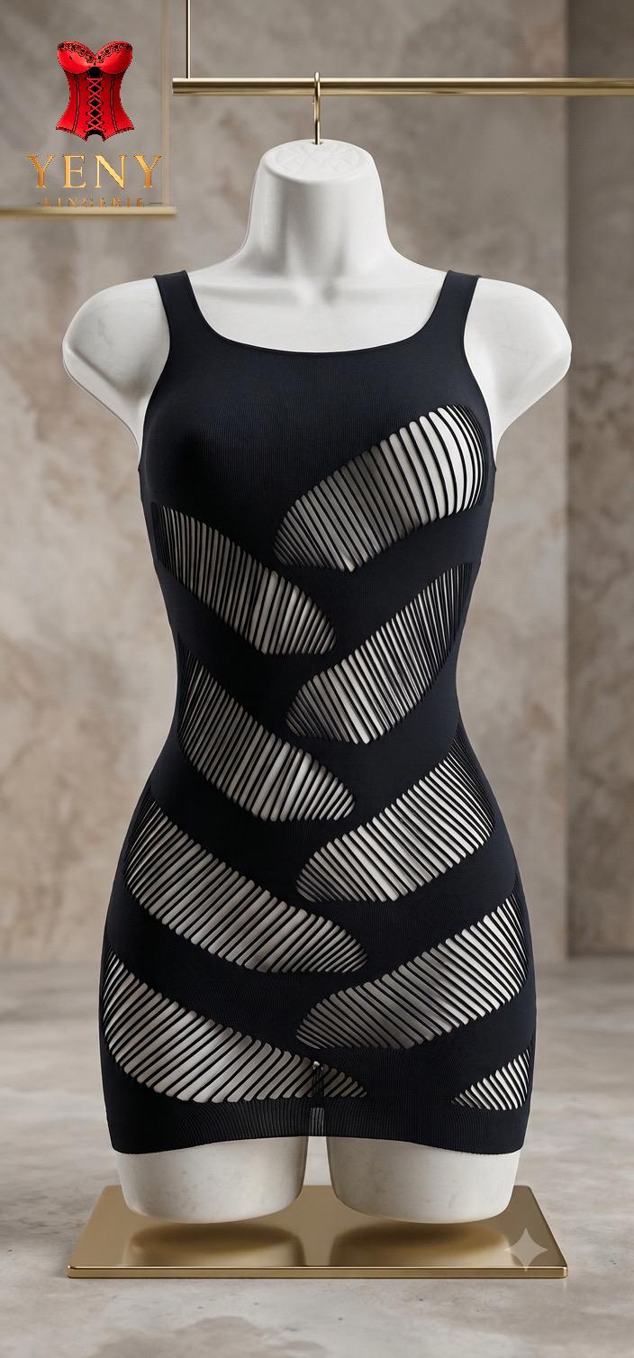 Black Sheer Striped Lingerie Mini Dress