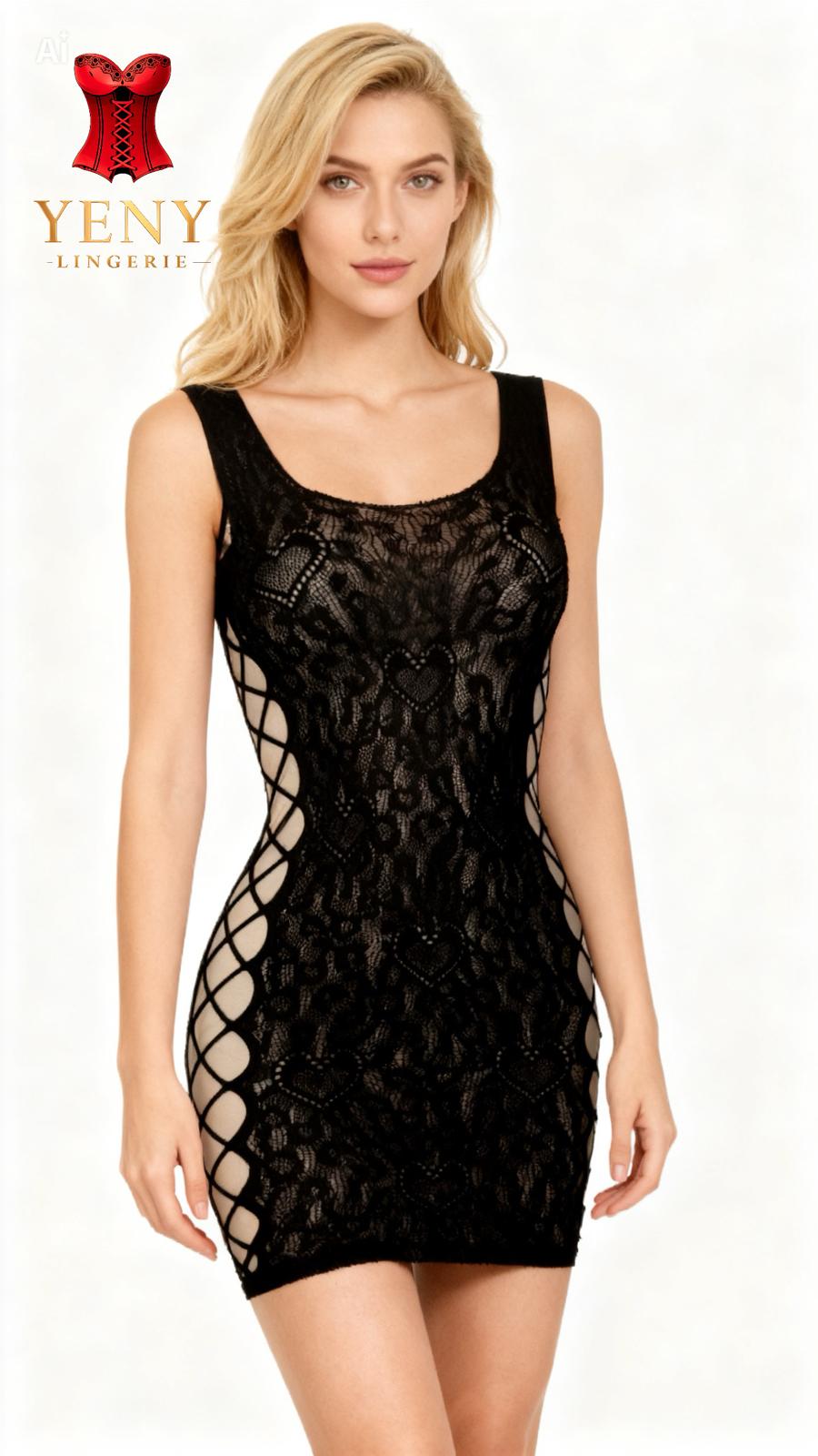 Black Floral Lace Lingerie Mini Dress